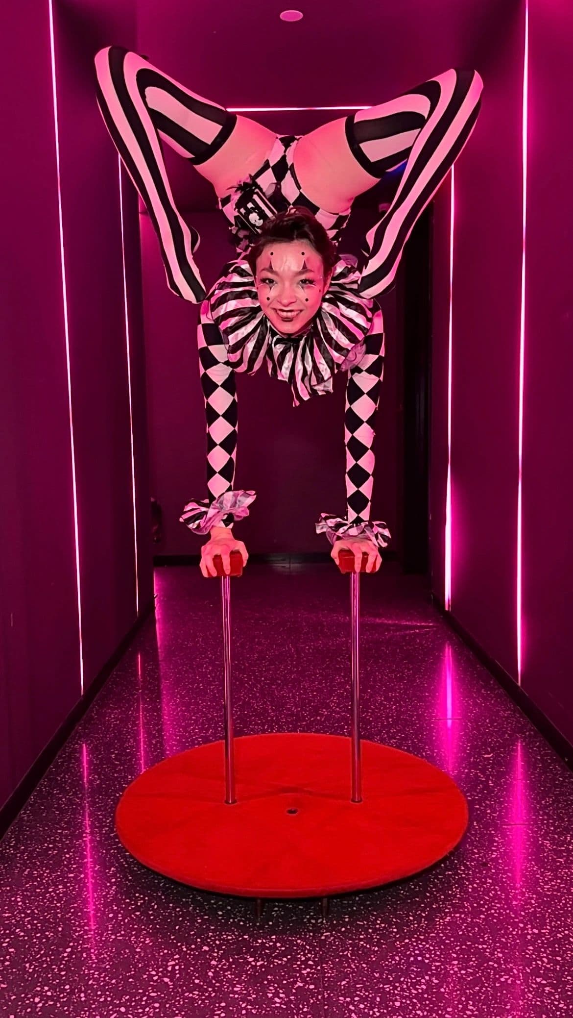 Hand balancer on canes performing a circus inspired set at a New York City event