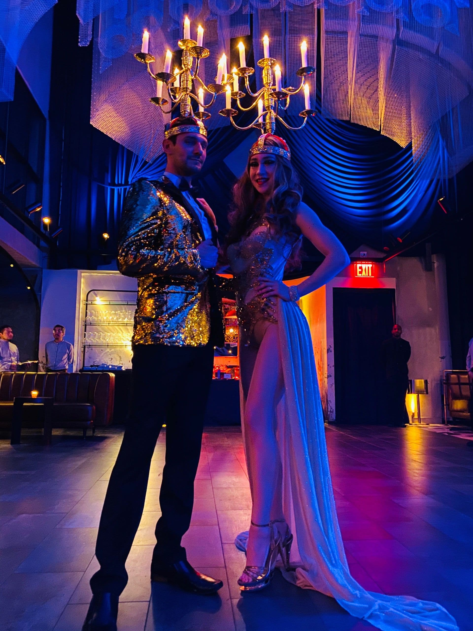Living human candelabra performer at a Gatsby themed event at the Moxy Cathedral in New York City