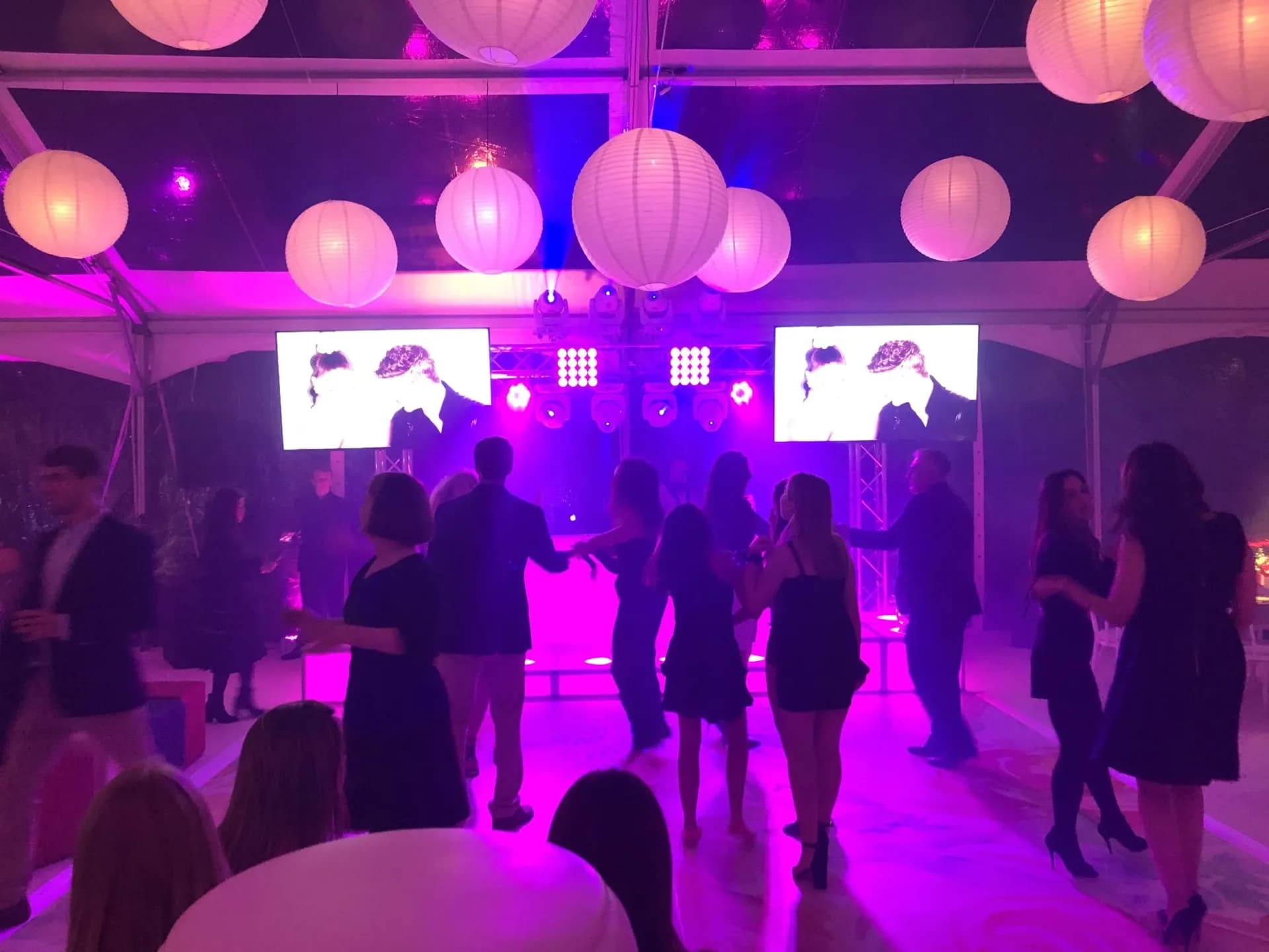 Monitors on truss with pink lighting at a Sweet 16