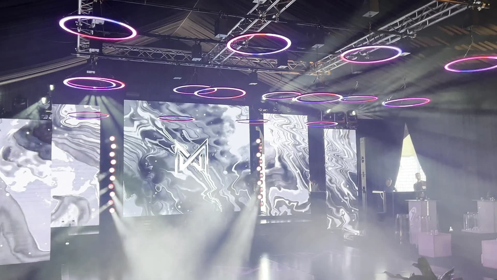 A produced mitzvah environment with LED rings and video walls by Nicholson Events