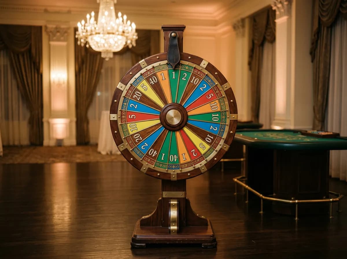 Classic Big Six money wheel rental on a wood stand in an elegant ballroom at a casino party