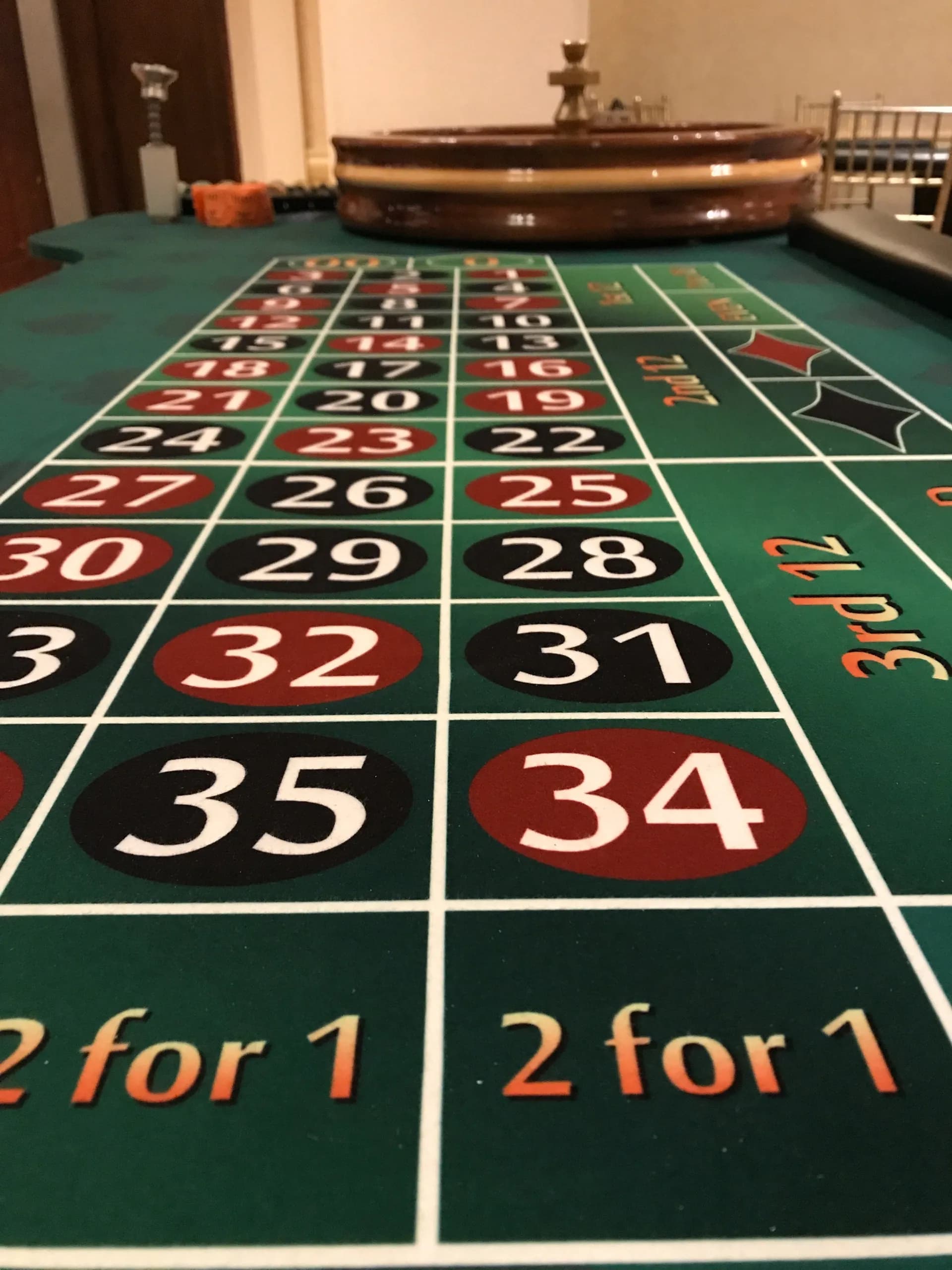 Authentic roulette wheel and numbered betting layout table rental at a casino night