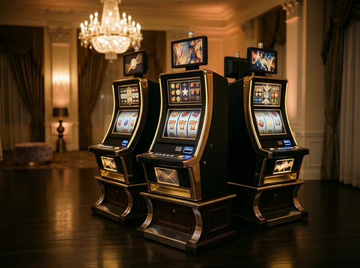 Row of black and gold slot machine rentals in an upscale event venue for a casino night