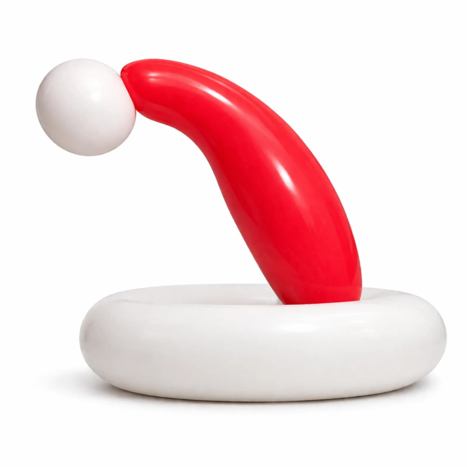 Balloon sculpture shaped like a Santa hat, a festive wearable balloon piece for holiday parties