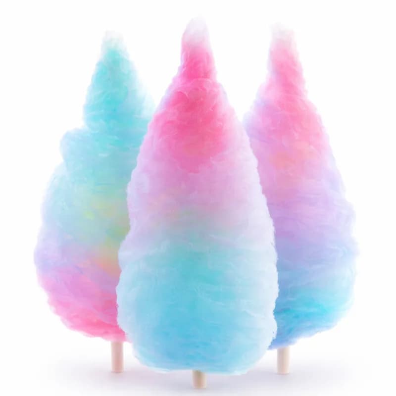 Three rainbow-colored cotton candy cones shaped and ready to serve at an event dessert station