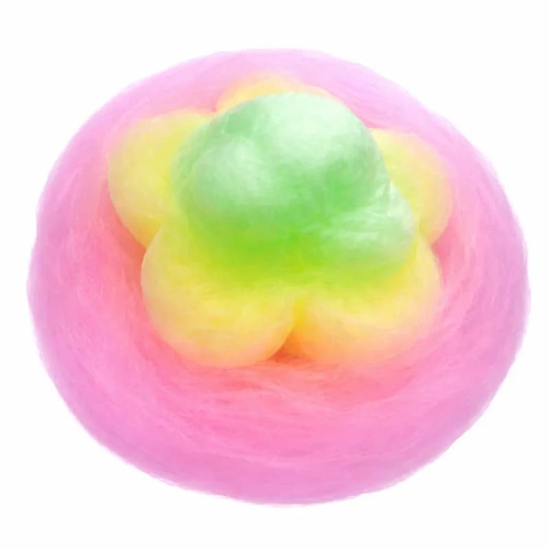 Cotton candy art hand-shaped into a layered flower design in pink, yellow, and green