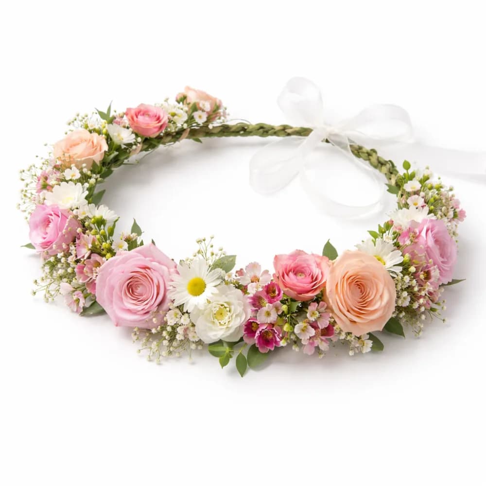 Flower crown craft station with fresh floral crowns at a party