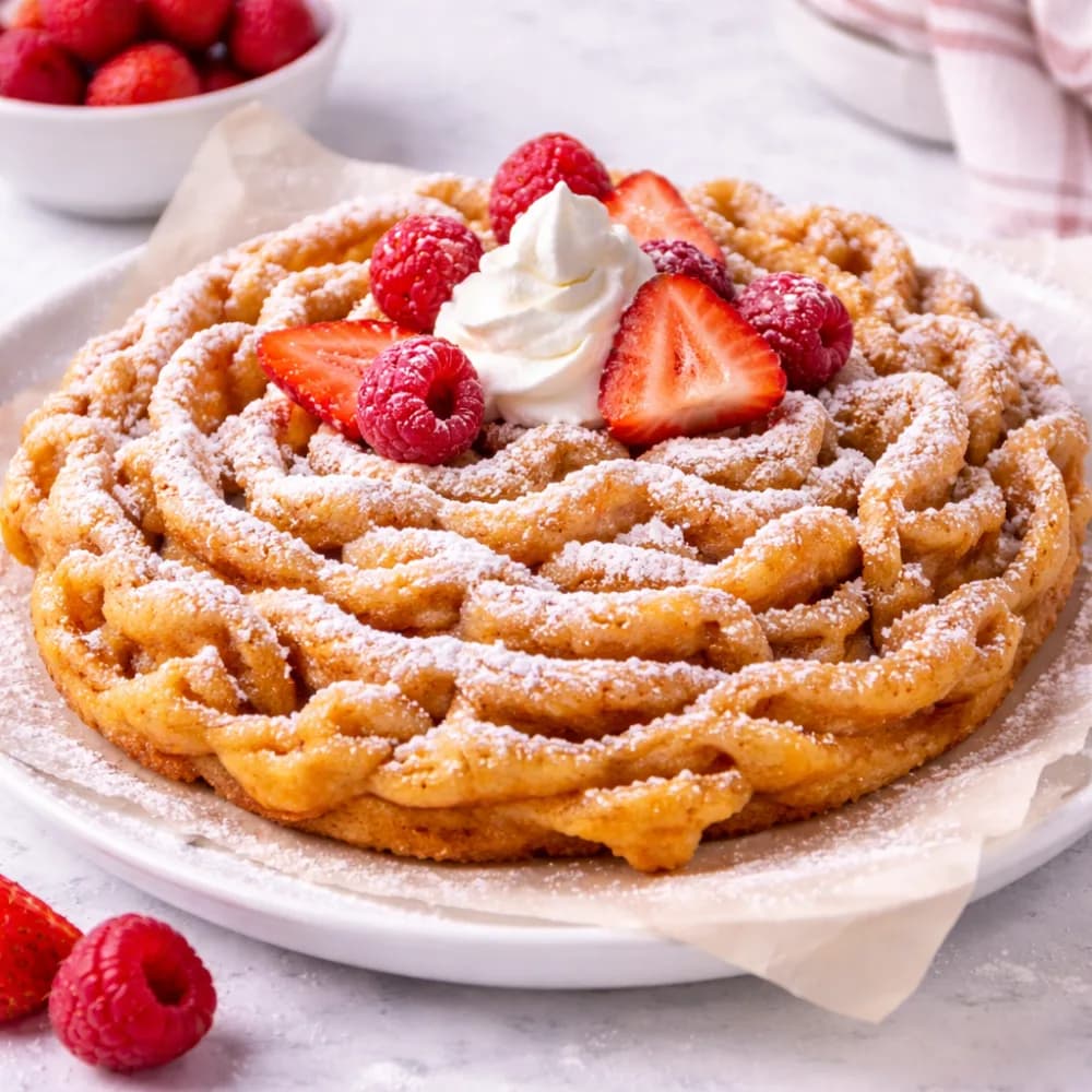Freshly fried funnel cake topped with powdered sugar at an event food station