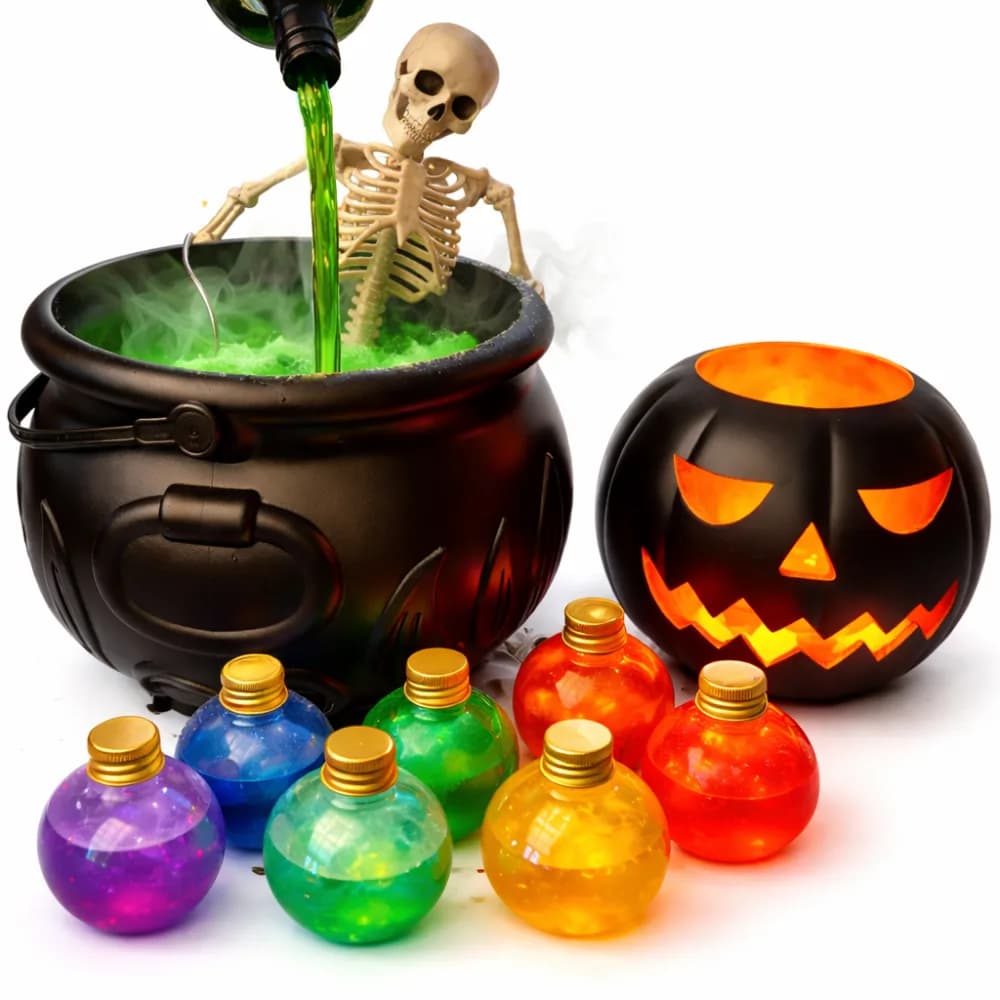 Potion making station with colorful fizzing potions at a kids party