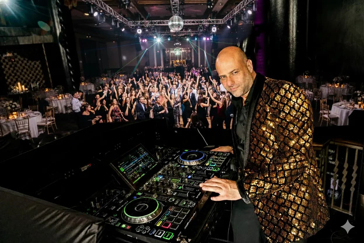 DJ and MC Shiran Nicholson in a gold jacket performing at a packed gala dance floor in NYC