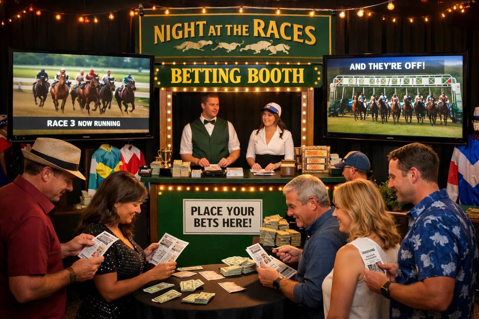 Day at the races betting experience at an event with a staffed betting booth and two screens showing horse races, guests placing wagers with funny money