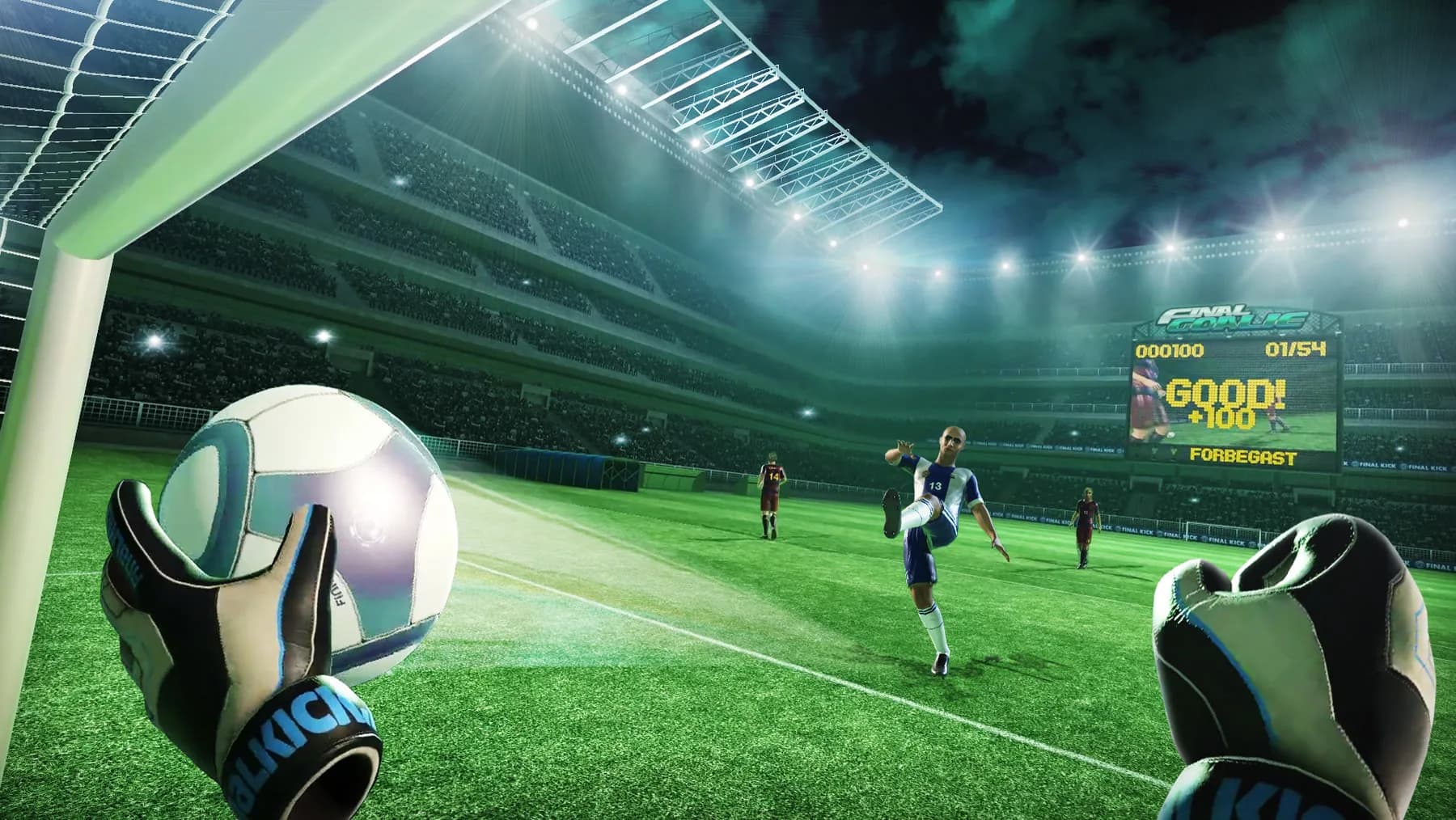 VR sports arena experience at a corporate team-building event, guest playing virtual sports in a branded VR booth