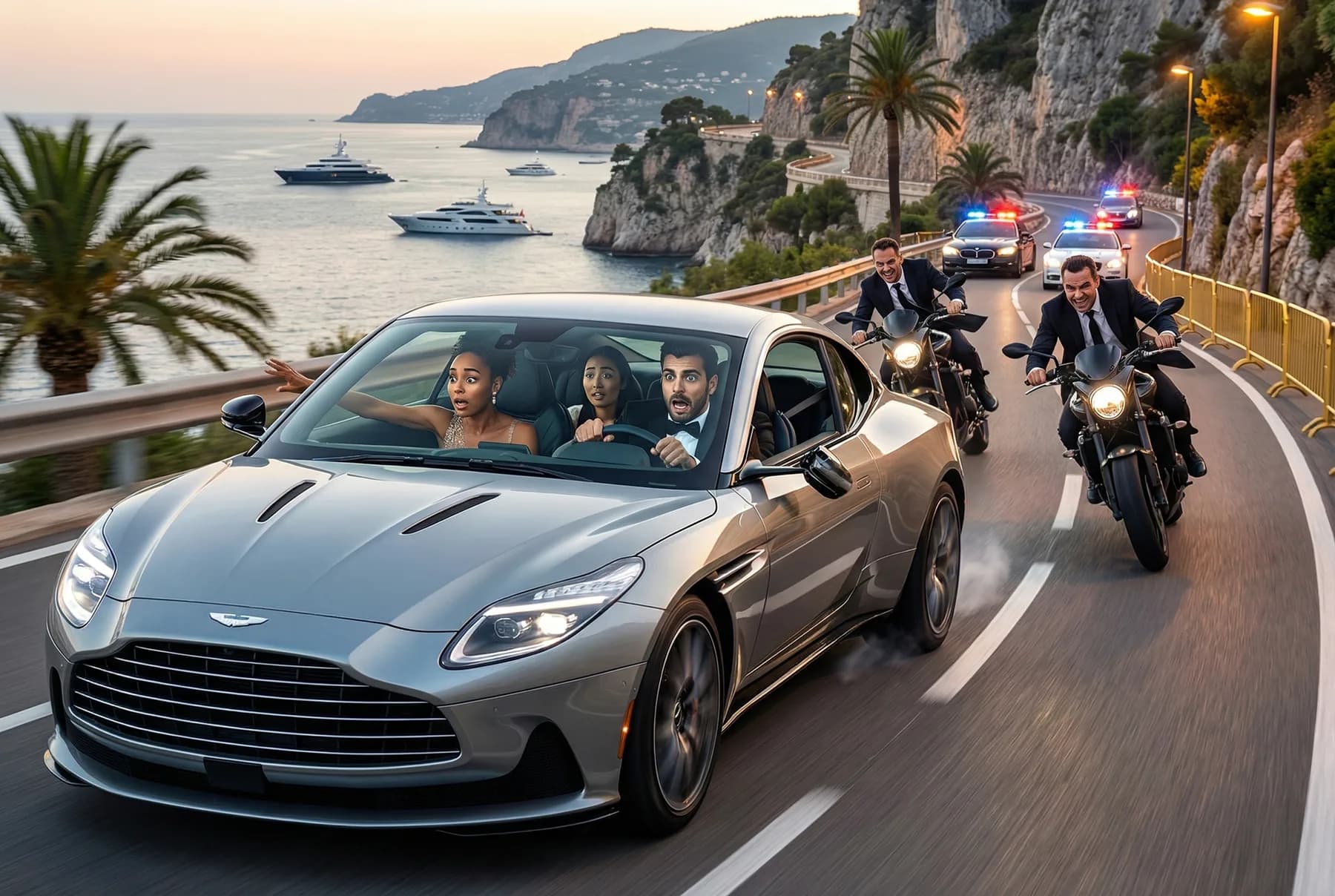 AI roaming photo booth spy scene overlay guests in Aston Martin action sequence for bar mitzvah