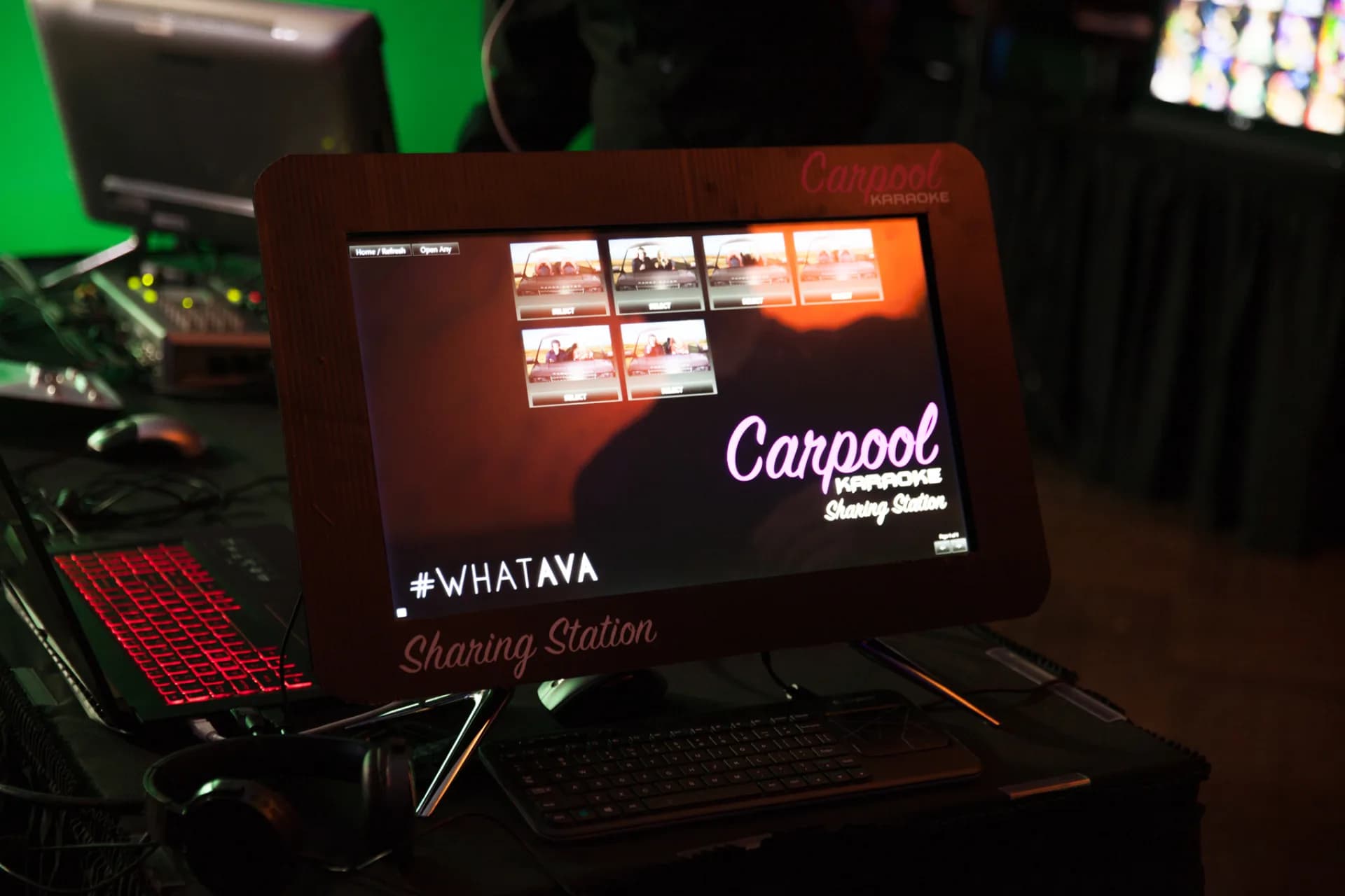 On-site sharing station where guests instantly text and download their car booth karaoke music video