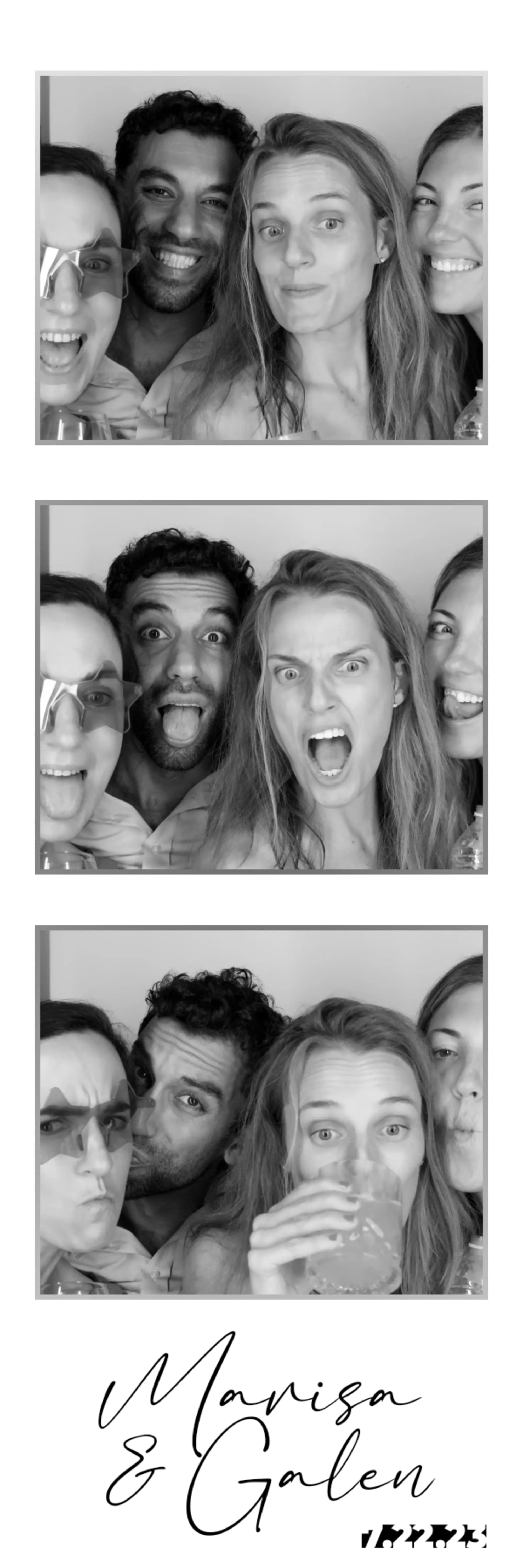 Classic three-frame black-and-white photo strip with a couple in formal attire and script name branding at the base