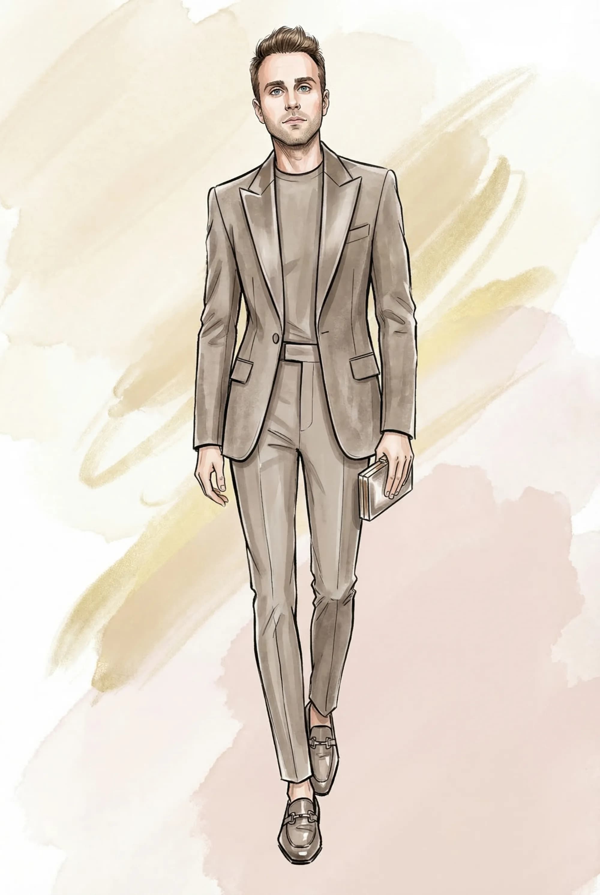 Fashion Sketch Couture AI illustration showing a single guest as a watercolor fashion runway portrait