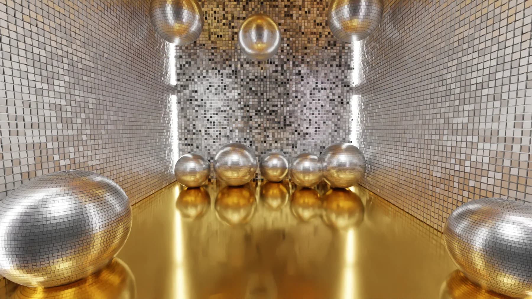 Interior of an immersive photo booth with gold and silver disco mirror balls at a Nicholson Events celebration