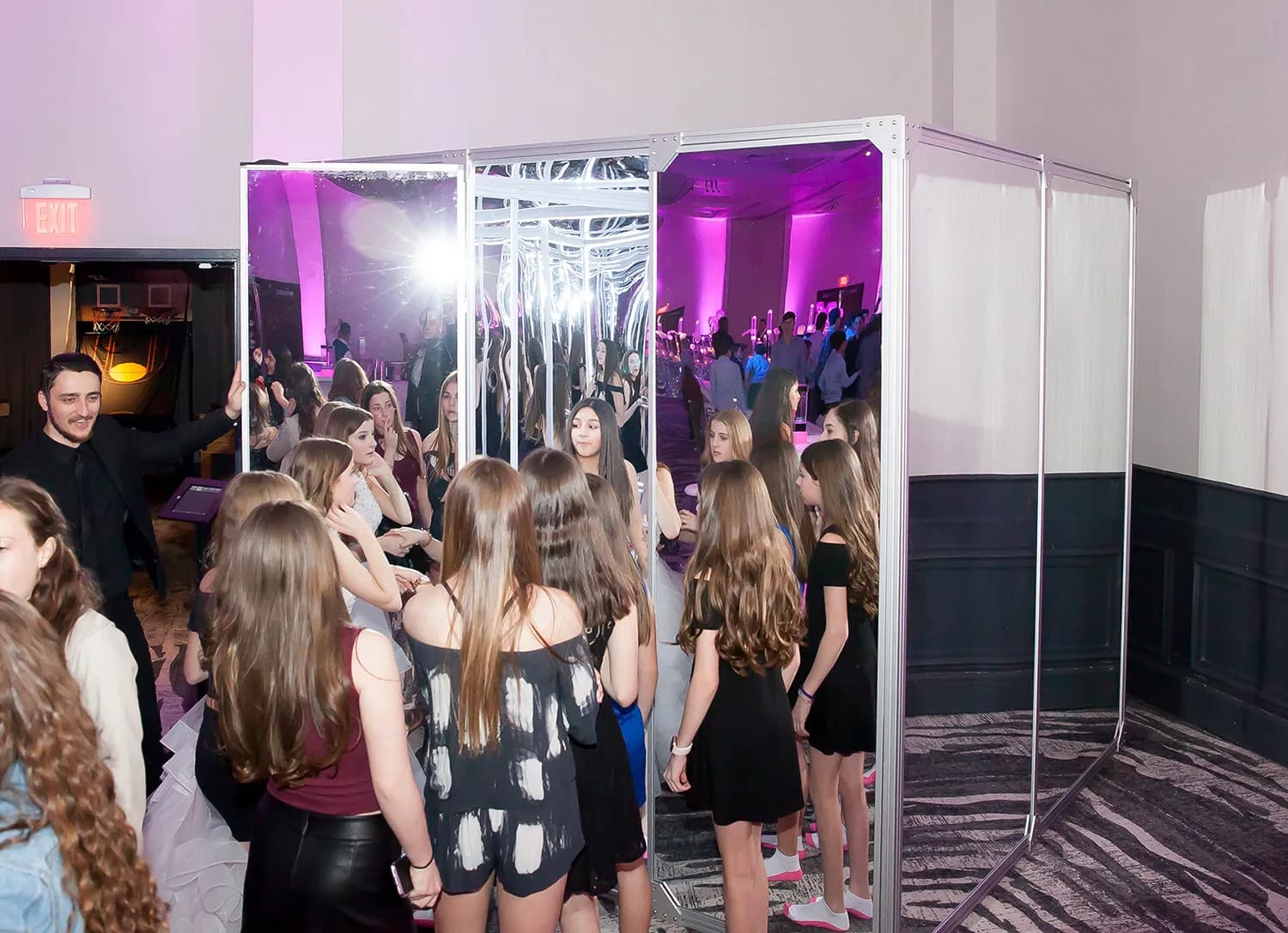 Exterior view of the infinite mirror room setup at a bat mitzvah venue with guests waiting to enter