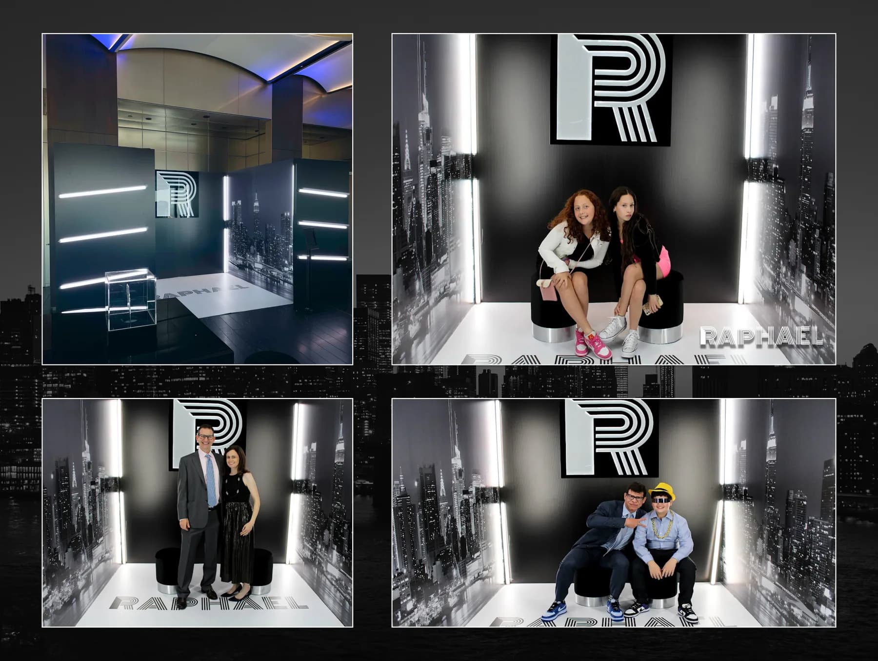 Custom immersive photo booth with NYC skyline mural backdrop and personal monogram branding at a bar mitzvah event