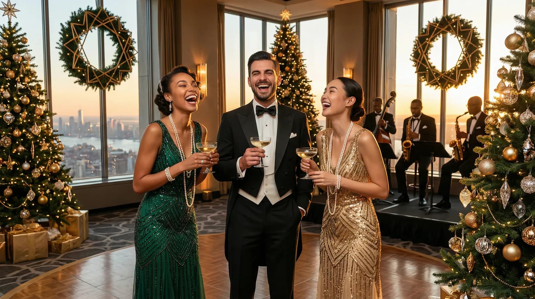 AI 1920s New York rooftop gala reimagine portrait with guests in formal art deco attire and a NYC skyline