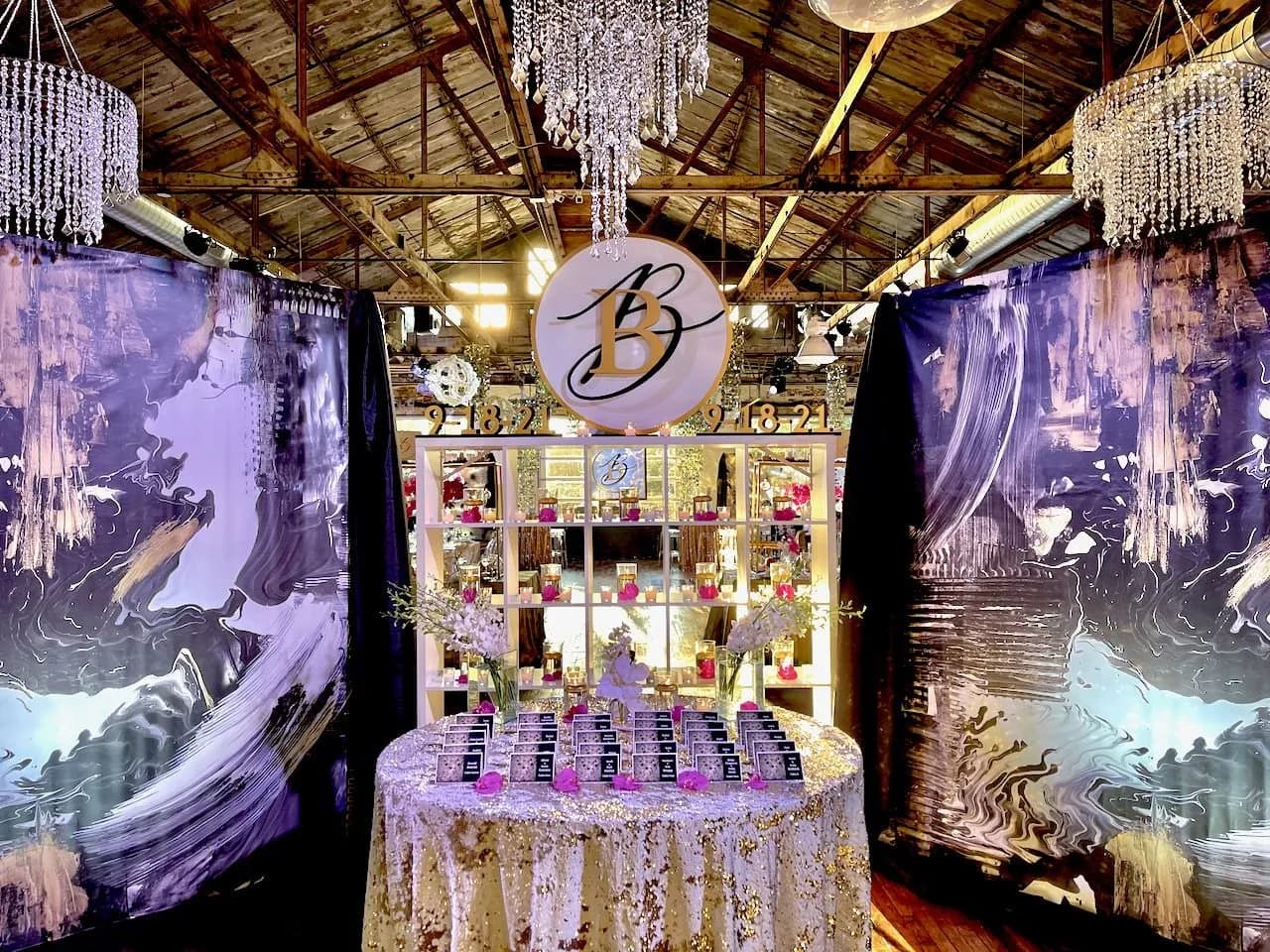 Floral chandelier centerpiece at an event inside The Knowlton, the premier Nicholson Events venue in Bridgeport, Fairfield County CT